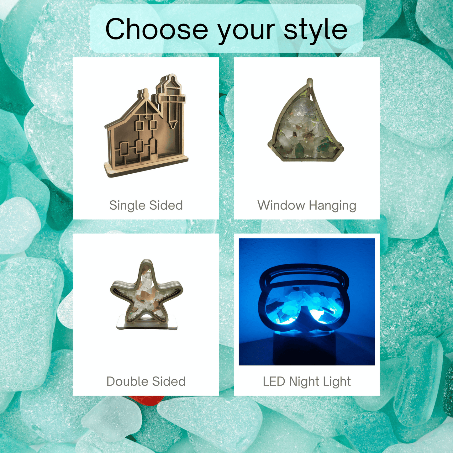 Walleye Sea Glass Shadowbox Display Single Sided, Window Hanging, Double Sided Shine-through Shelf Sitter, LED Light, Small