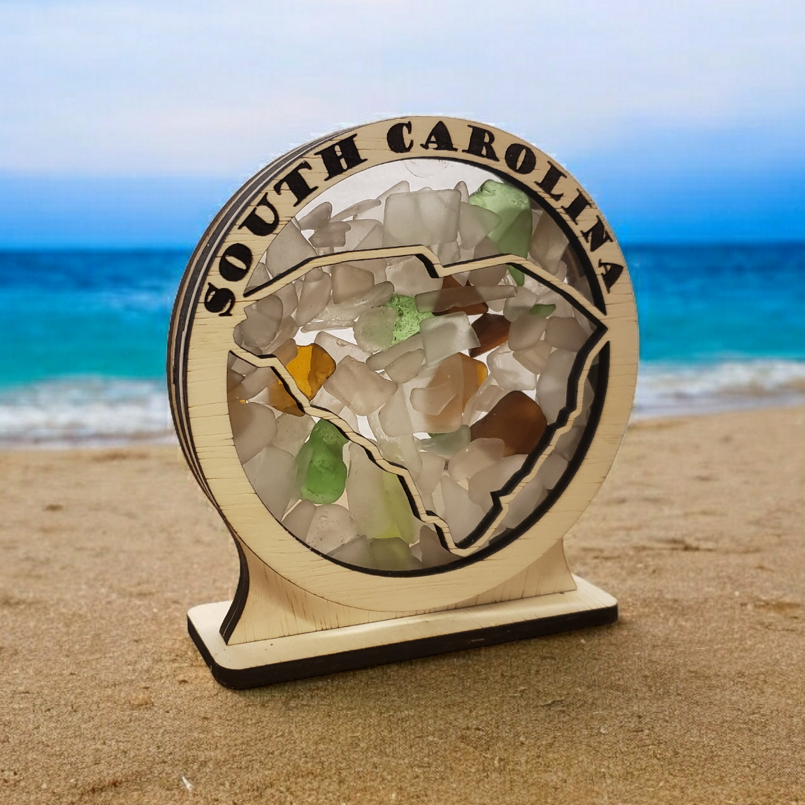 South Carolina Round Sea Glass Shadowbox Display Single Sided, Window Hanging, Double Sided Shine-through Shelf Sitter, LED Light, Small
