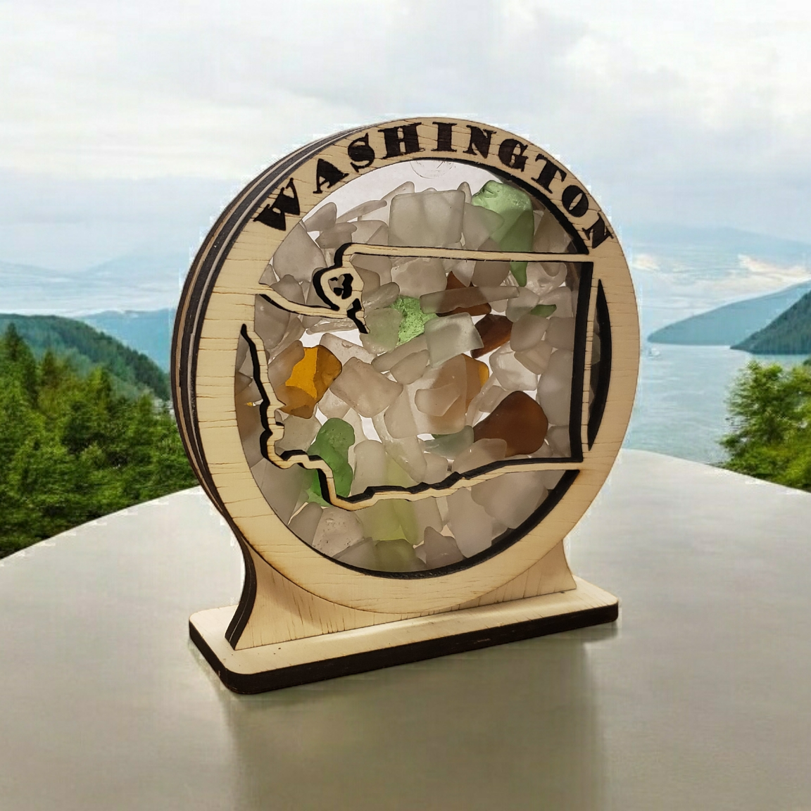 Washington Round Sea Glass Shadowbox Display Single Sided, Window Hanging, Double Sided Shine-through Shelf Sitter, LED Light, Small