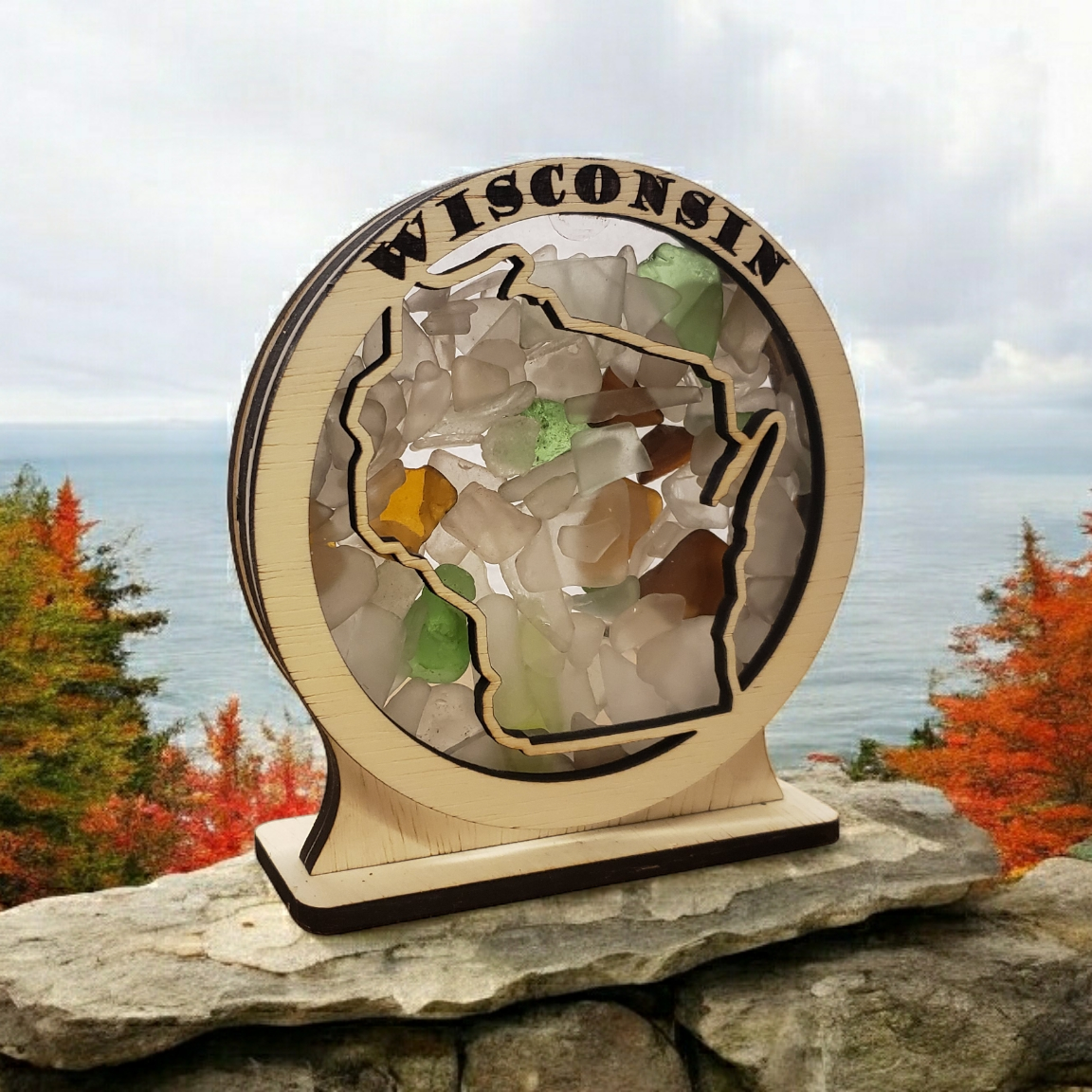 Wisconsin Round Sea Glass Shadowbox Display Single Sided, Window Hanging, Double Sided Shine-through Shelf Sitter, LED Light, Small