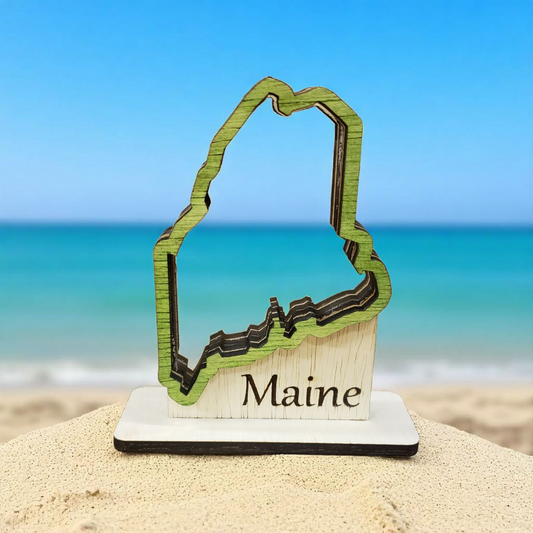 Maine Outline Sea Glass Shadowbox Display Single Sided, Window Hanging, Double Sided Shine-through Shelf Sitter, LED Light, Small