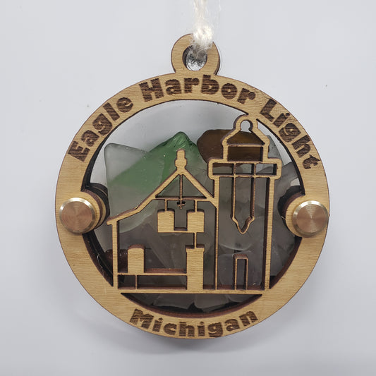 Eagle Harbor Lighthouse Beach Glass Shadowbox Ornament, Keweenaw Peninsula, Michigan, Upper Peninsula
