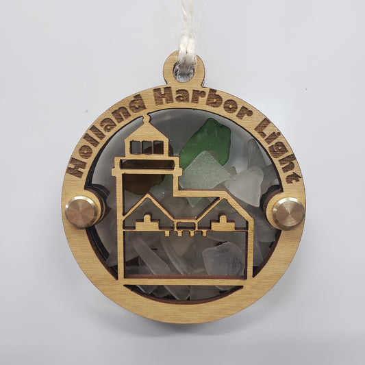 Holland Harbor Big Red Lighthouse Beach Glass Shadowbox Ornament, Holland, Michigan