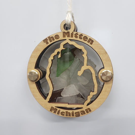 The Mitten, Michigan Sea Glass Beach Glass Shadowbox Ornament, Lower Peninsula