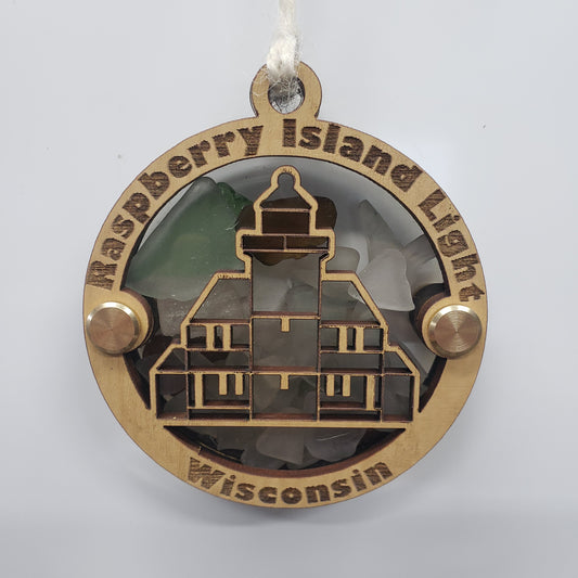 Raspberry Island Lighthouse Beach Glass Shadowbox Ornament, Apostle Islands, Bayfield, WI