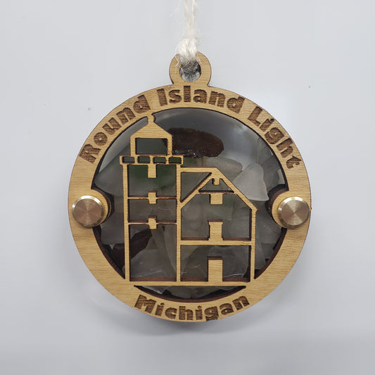 Round Island Lighthouse Beach Glass Shadowbox Ornament, Mackinac Strait, MI