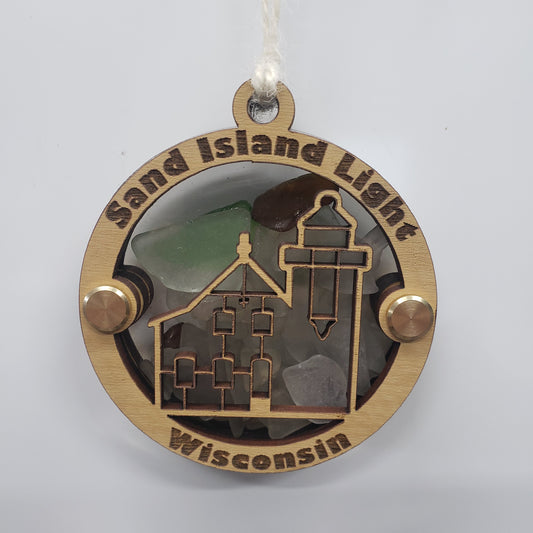 Sand Island Lighthouse Beach Glass Shadowbox Ornament, Apostle Islands, Bayfield, WI