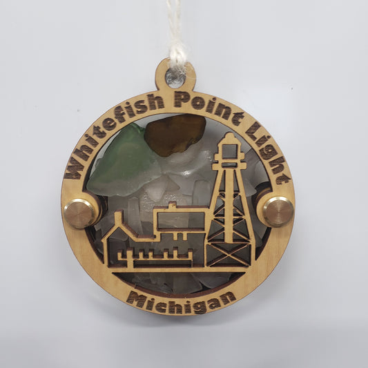 Whitefish Point Lighthouse Beach Glass Shadowbox Ornament, Whitefish Bay, Lake Superior, Michigan